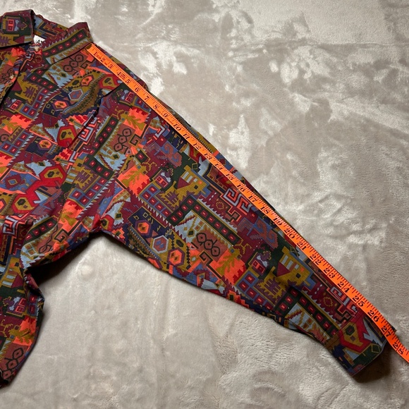 Vtg At Last Basics Button Up Shirt Womens M Aztec Abstract Shoulder Pads 90s - Picture 8 of 8